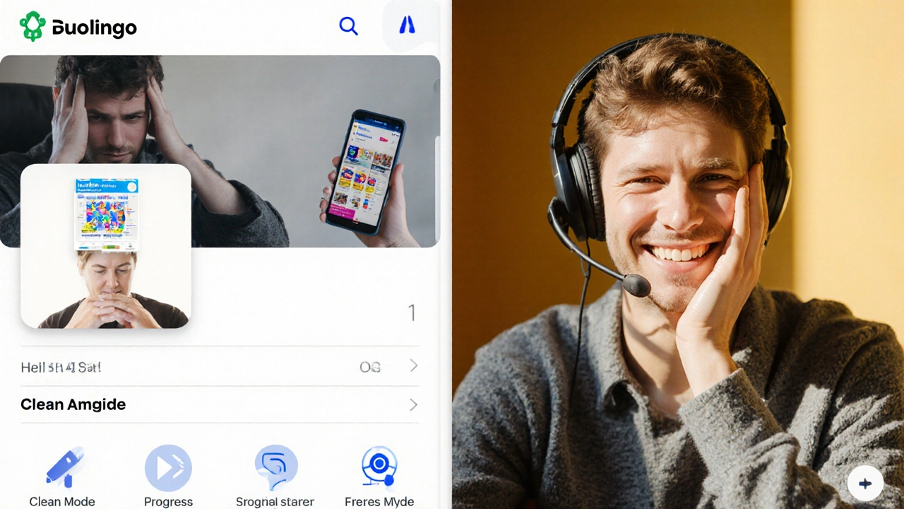 Porovnání rozhraní zdarma a Premium verze Duolingo na telefonu.