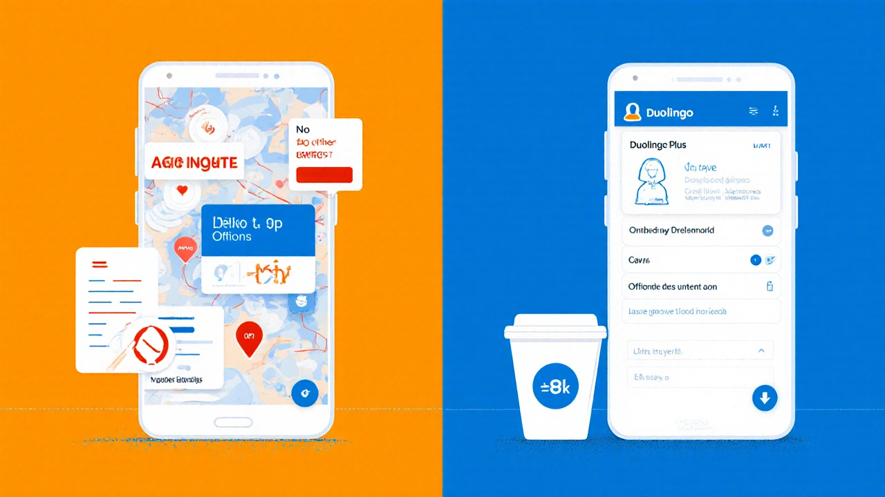 Porovnání zdarma verze Duolingo s reklamami a placené verze bez reklam a offline režimem.