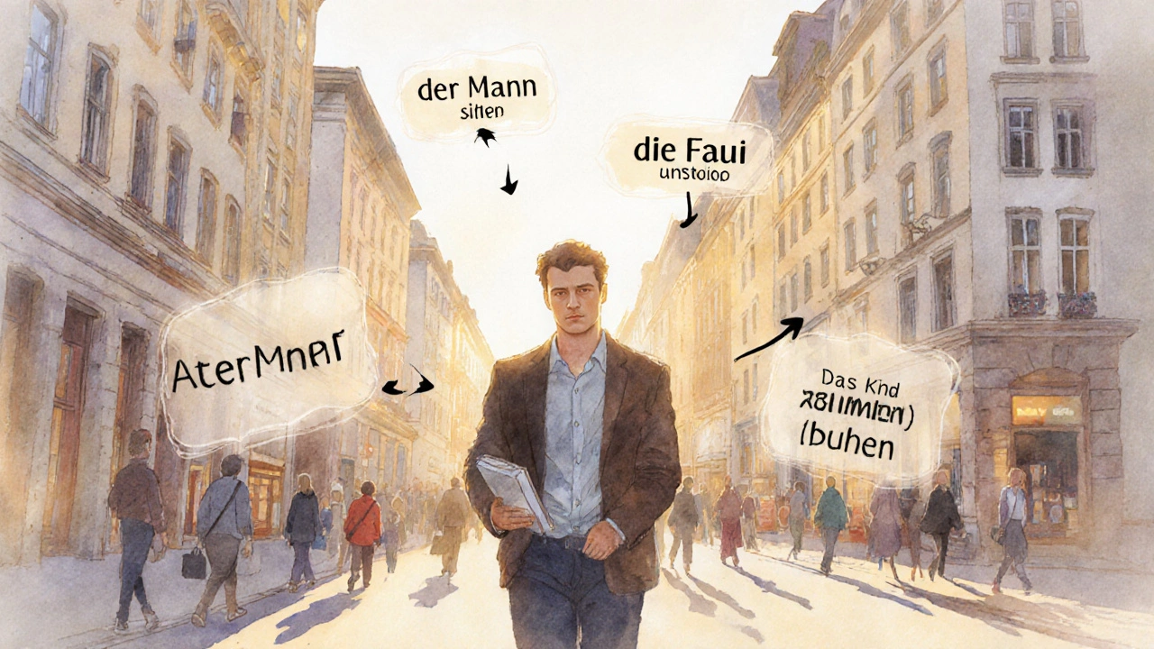 Přechod z nominativu na akuzativ v němčině znázorněný jako průhledné štítky nad ulicí.