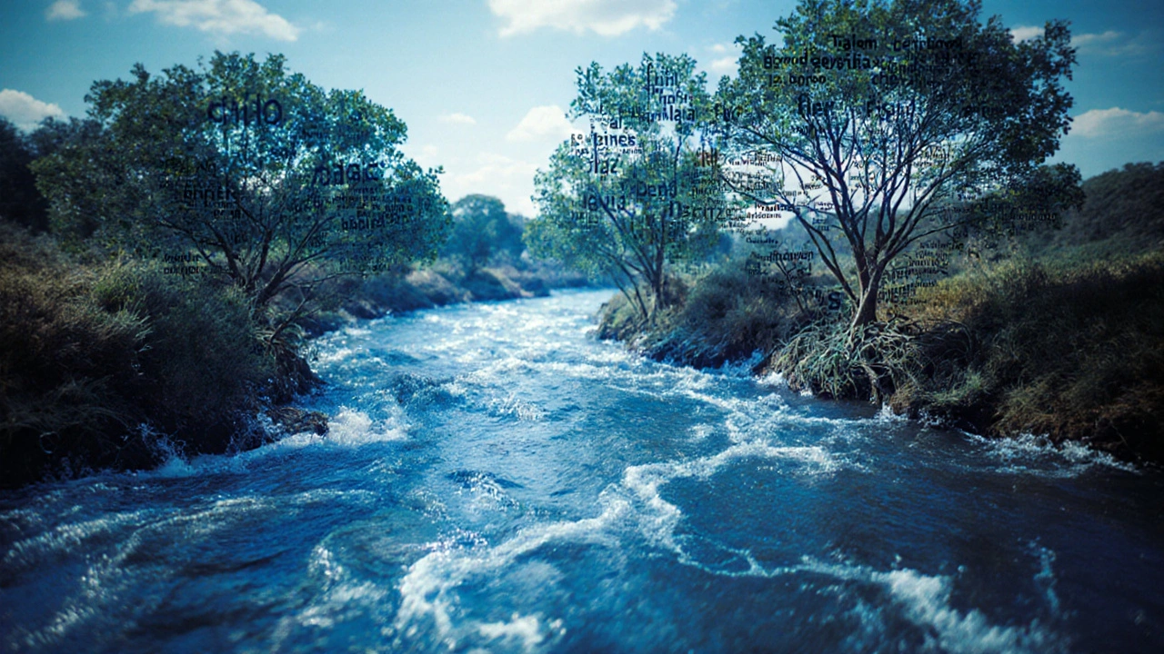 Řeka slov tekoucí přes španělsky mluvící země, listy tvarované jako slovesné tvary.