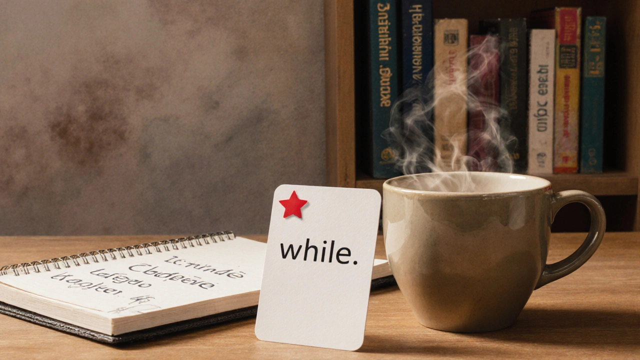 Ručně vytvořená karta Anki s německým slovem &#039;während&#039; leží na stole vedle kávy a knihou.