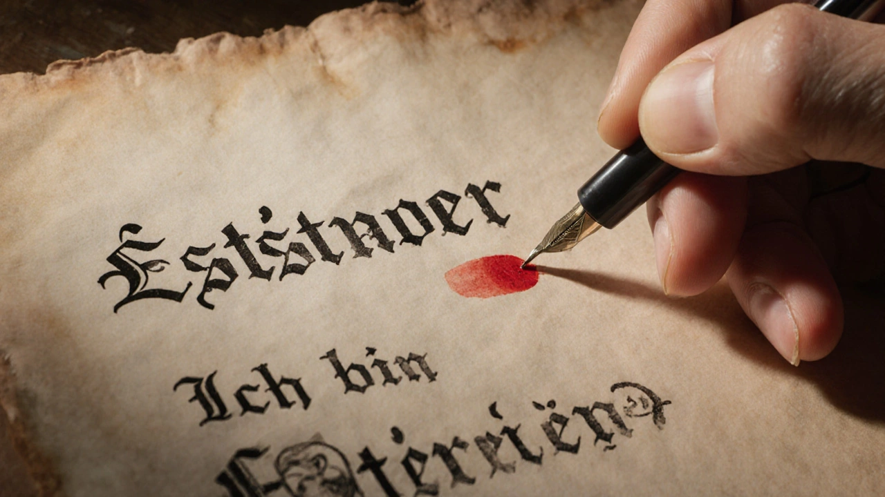 Ruka píše slovo Österreich s důrazem na háček nad písmenem Ö.