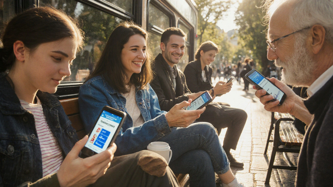Různí lidé v Česku se učí angličtinu pomocí Duolinga v každodenních situacích — na autobusu, v kavárně, na lavičce.