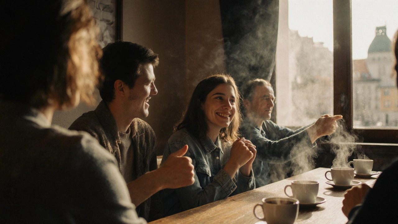 Skupina v pražské kavárně si povídá anglicky s přátelskou atmosférou.