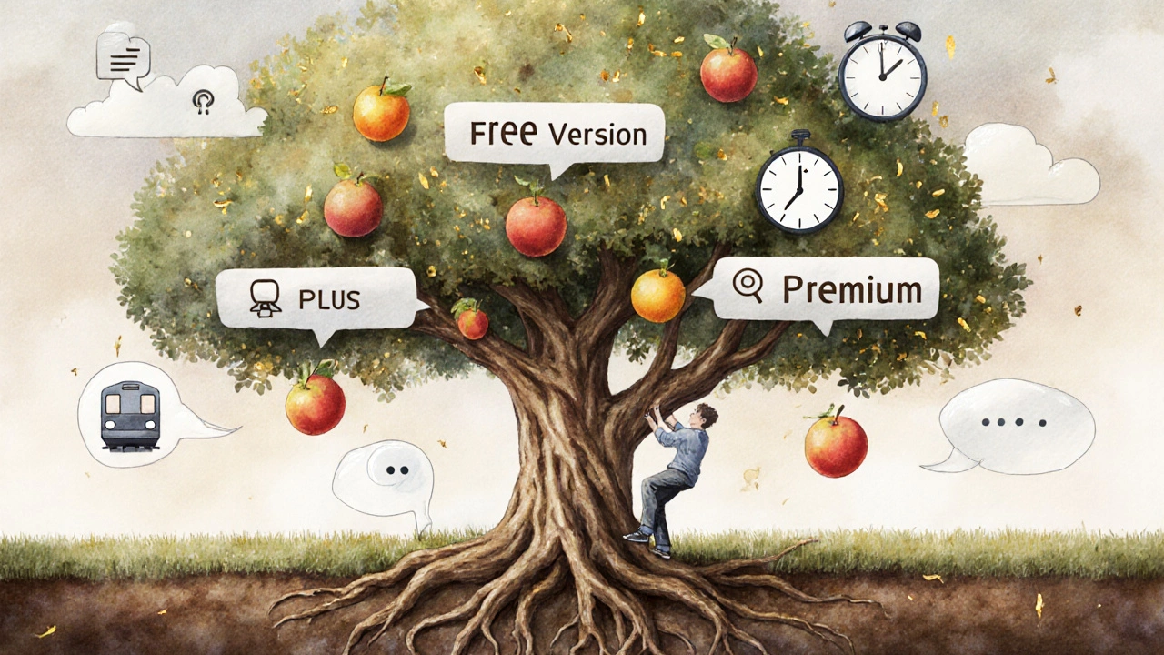 Strom s větvemi představujícími různé plány Duolingo a jejich funkce.