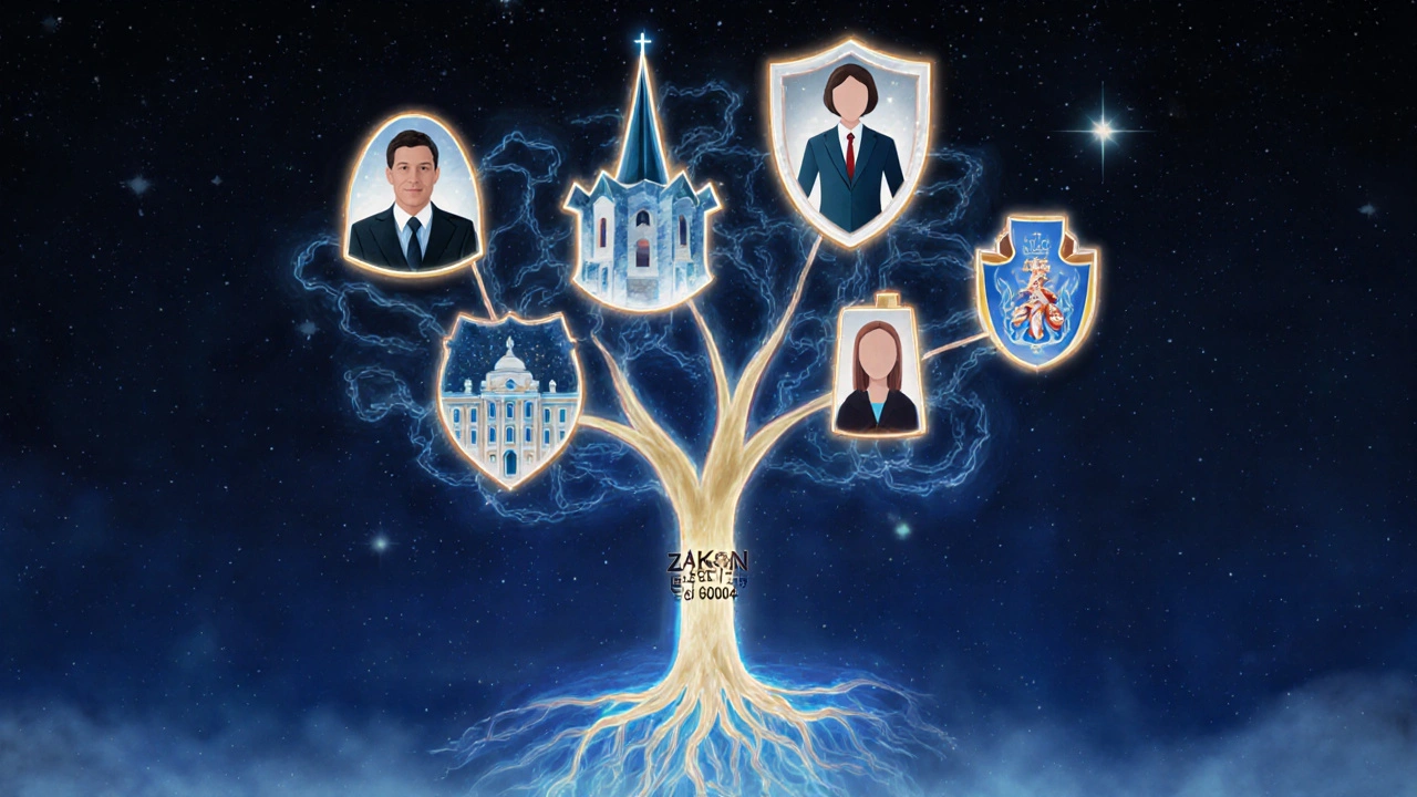 Symbolické postavy různých zřizovatelů škol spojené kořeny zákona, vytvářející strom v nočním nebi.