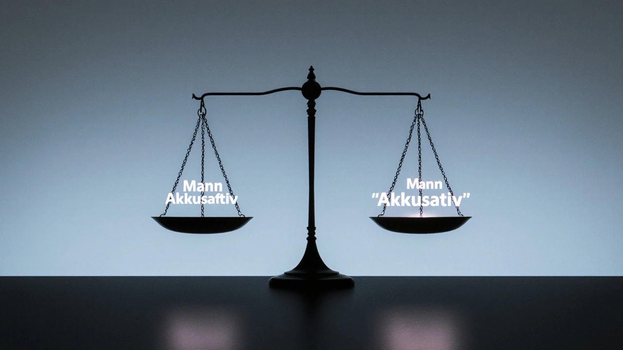 Váhy ukazující rozdíl mezi nominativem a akuzativem v němčině s důrazem na mužské podstatné jméno.