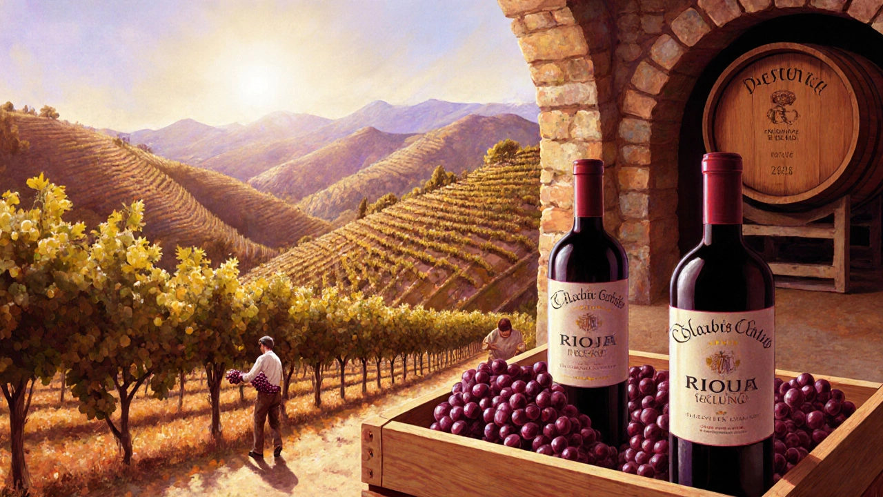 Vínorostné hory v Španělsku s pracovníky sbírajícími hrozny a dřevěnými bednami s víny.