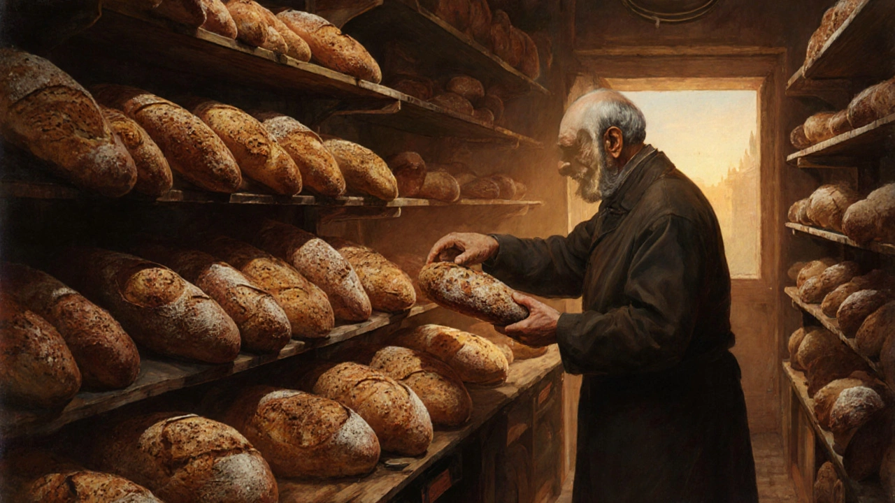 Vnitřek německé pekárny s mnoha druhy chleba, žádný cukr ani máslo na výběr.