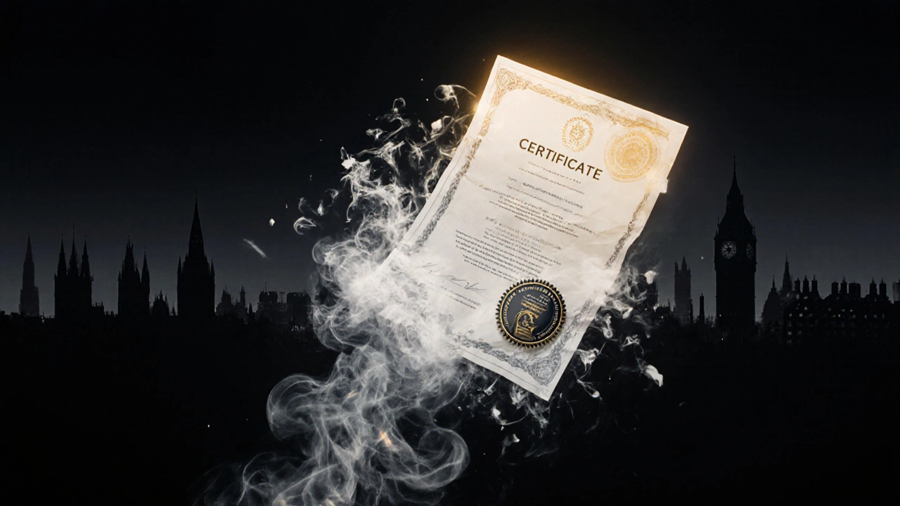 Zanikající potvrzení se mění v zlatý mezinárodní certifikát v temné atmosféře.