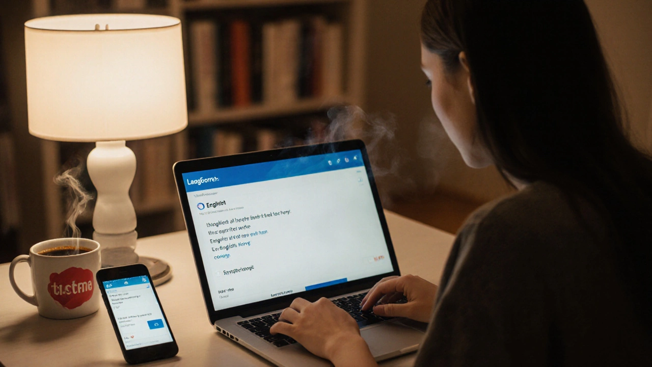 Žena pracuje na laptopu s anglickým jazykovým nástrojem a telefonem nastaveným na angličtinu.