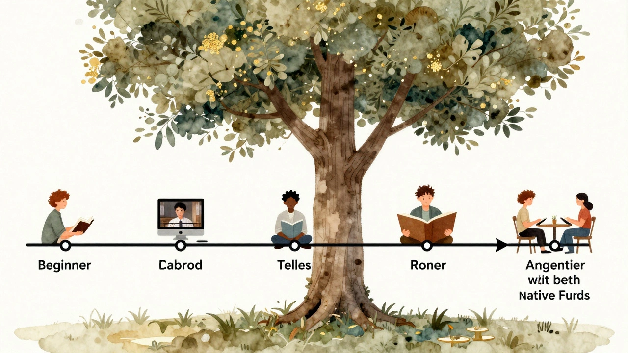 Cesta jazykového učení od začátečníka až po pokročilého mluvčího pod stromem.