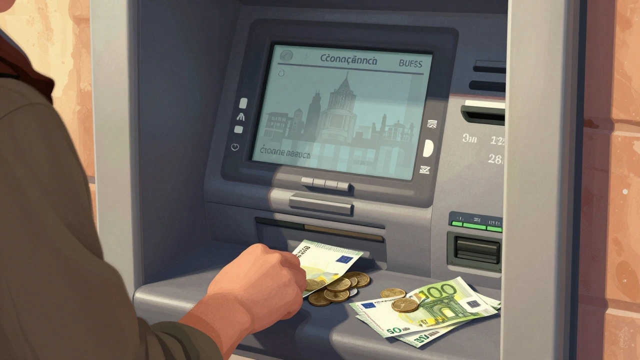 Cestovatel si vyzvedává eura z bankomatu v Madridu s českým rozhraním, na zemi leží mince a bankovky.