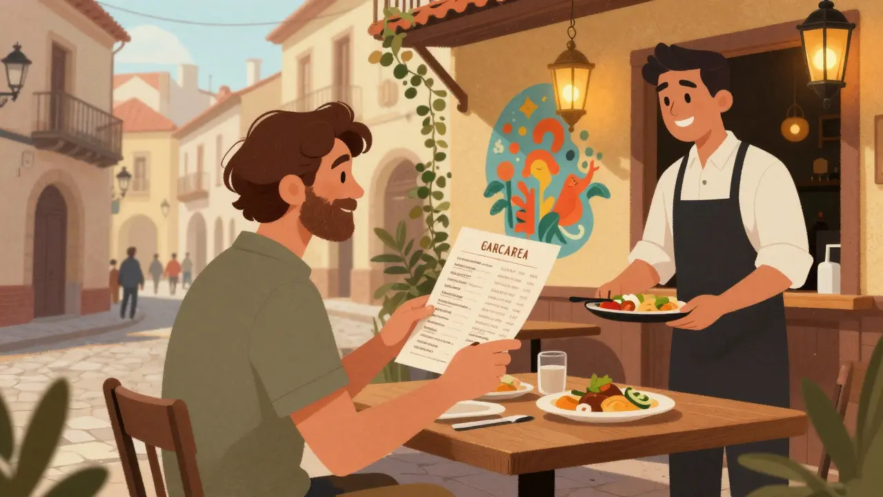 Cestovatelka si objednává jídlo v španělsky mluvící kavárně s přátelským obsluhou.