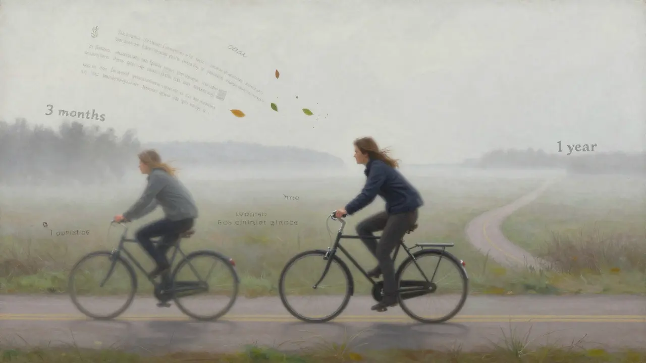 Člověk na kole, který postupně přechází od pádů k plynulé jízdě, symbolizující učení španělštiny.