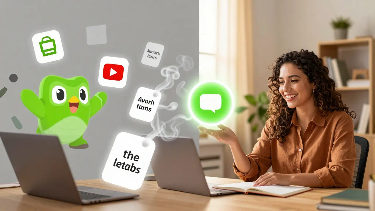 Člověk u počítače, kde digitální učební nástroje mizí, zatímco hovor s učitelem z Mexika září.