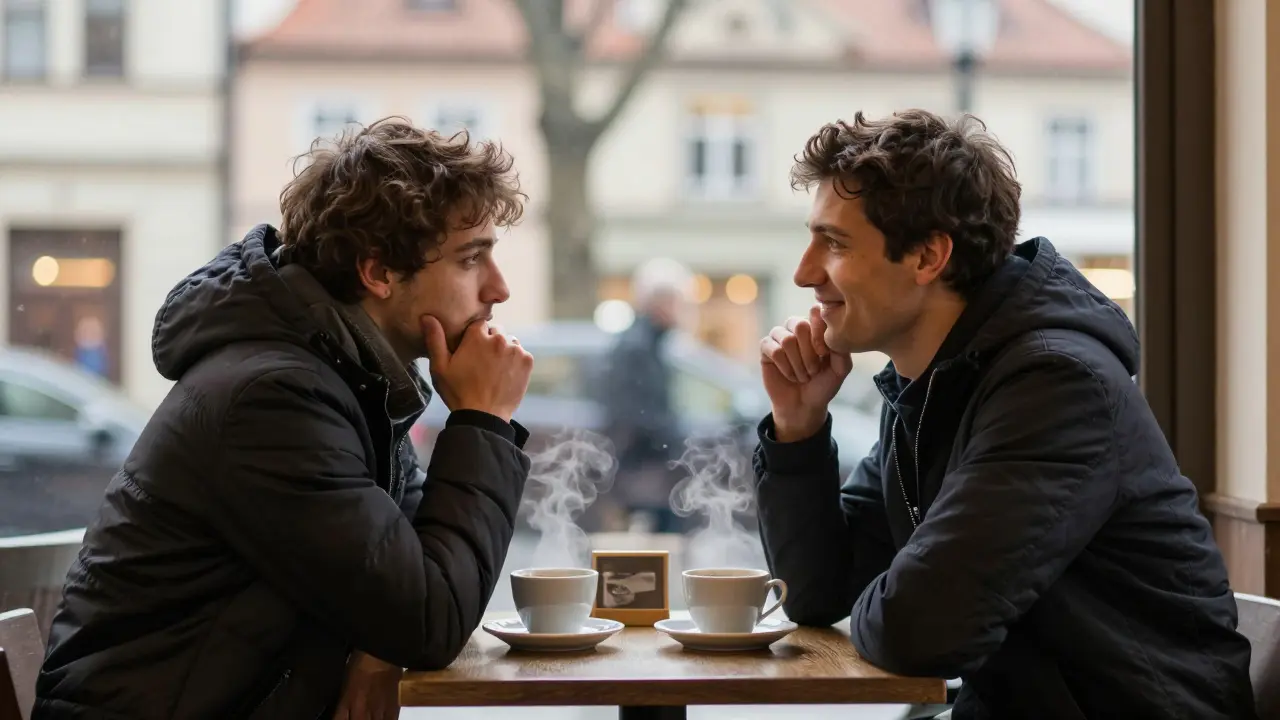 Dva lidé si povídají v kavárně, jeden mluví anglicky s úsměvem.