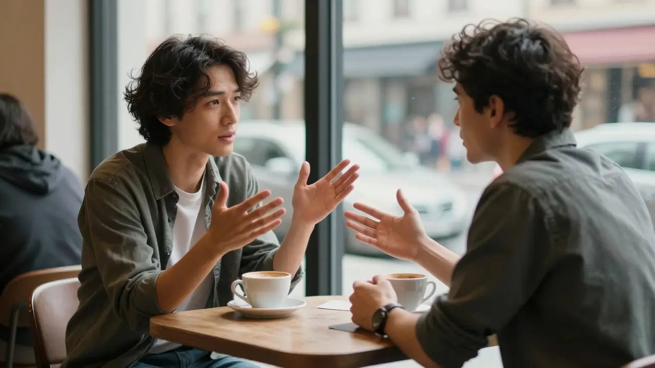 Dva lidé si v kavárně vyměňují angličtinu a češtinu v přátelské konverzaci.