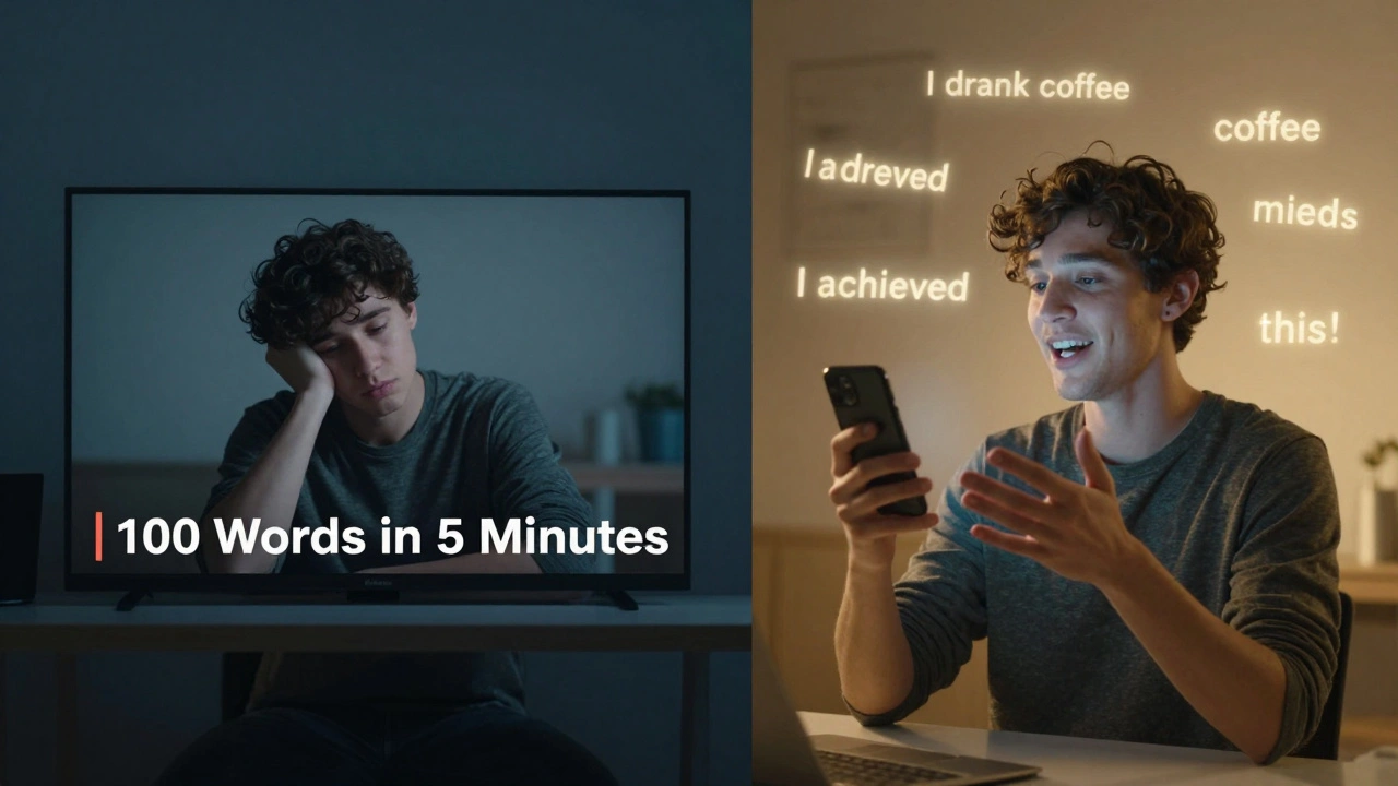 Dvě strany stejné osoby: jedna pasivně sleduje video, druhá aktivně mluví anglicky.