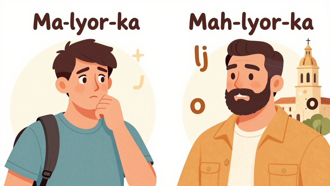 Ilustrace srovnávající špatnou a správnou výslovnost slova Mallorca.