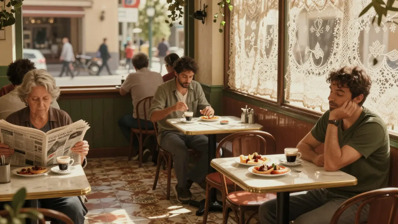 Klidná španělská kavárna v poledne, zákazníci odpočívají u stolů s kávou a tapas.