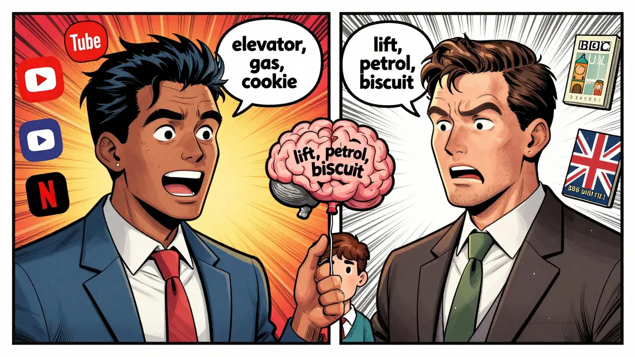 Komický obraz americké a britské angličtiny jako soupeřících sil s vlivem na učitele jazyka.