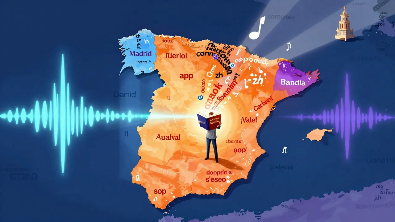 Koncepční mapa Španělska s barvami znázorňujícími regionální rozdíly ve výslovnosti španělštiny.