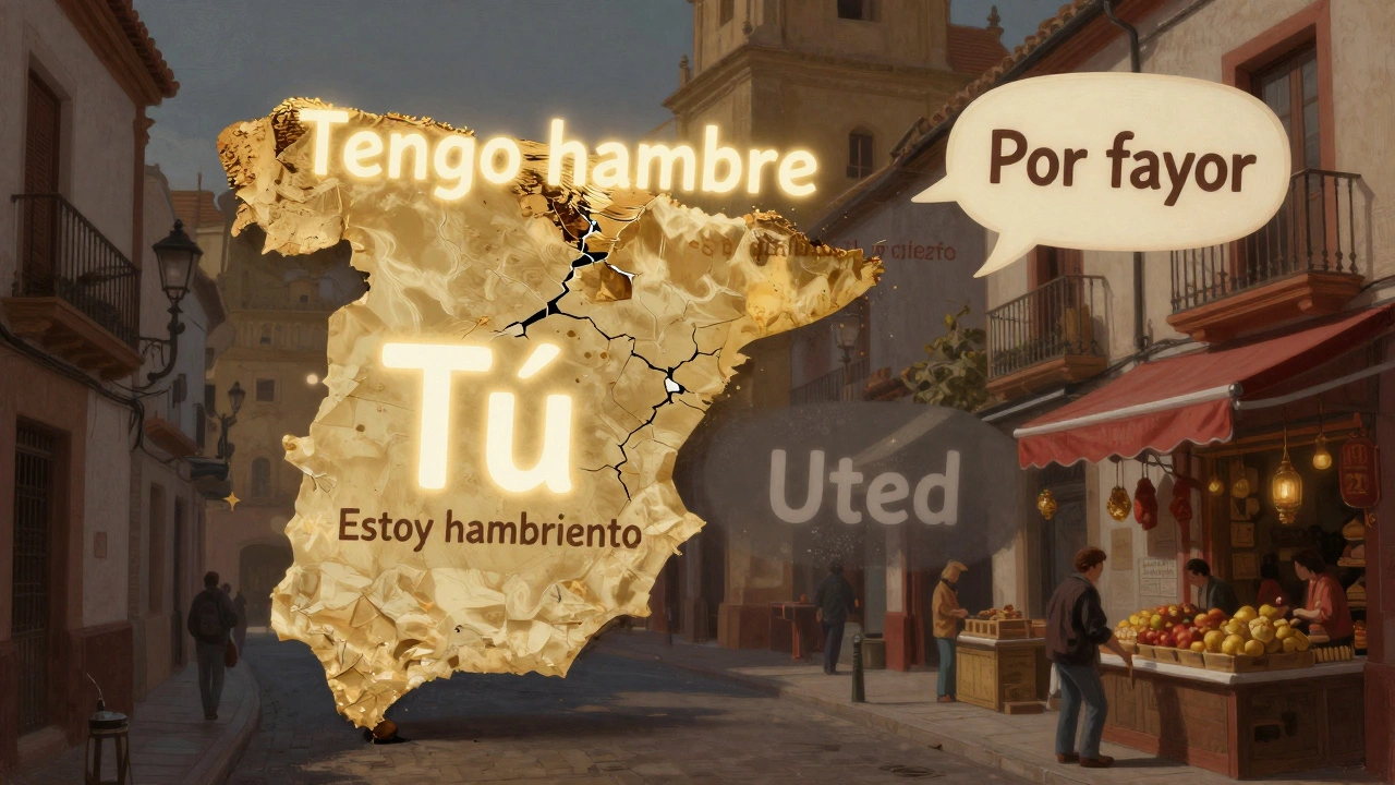 Konceptuální mapa Španělska s jazykovými frázemi, kde správné výrazy svítí, špatné se rozpadají.