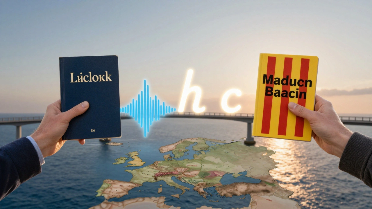 Konceptuální obrázek mostu zvukových vln mezi dvěma jazyky na mapě Baleárských ostrovů.