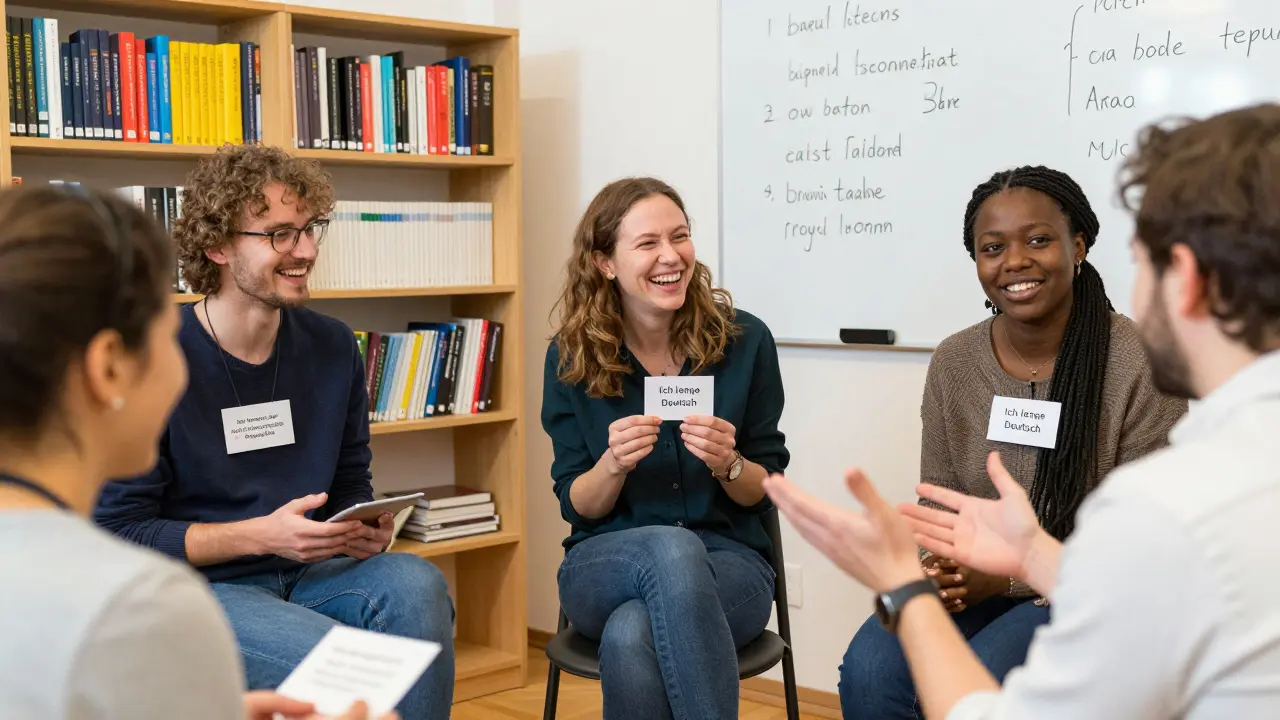 Lidé se setkávají na jazykovém výměně v Berlíně a mluví německy.