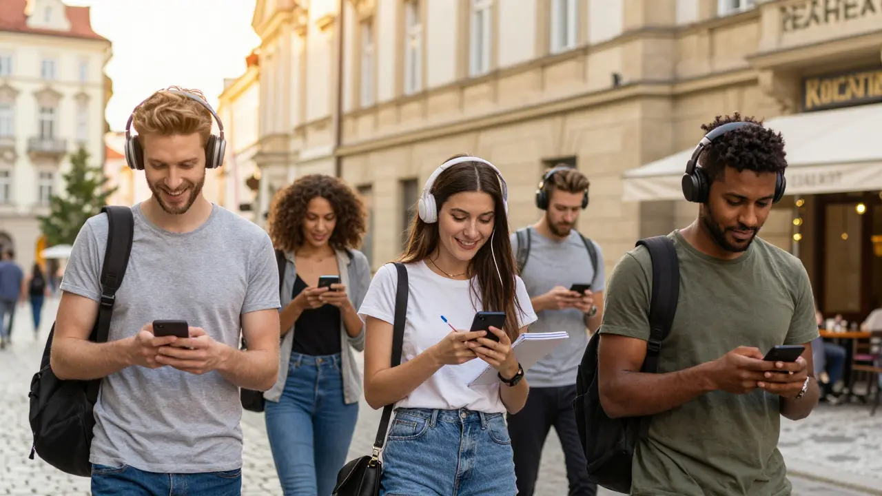 Lidé v Praze se učí jazyky pomocí telefonů a počítačů v městském prostředí.