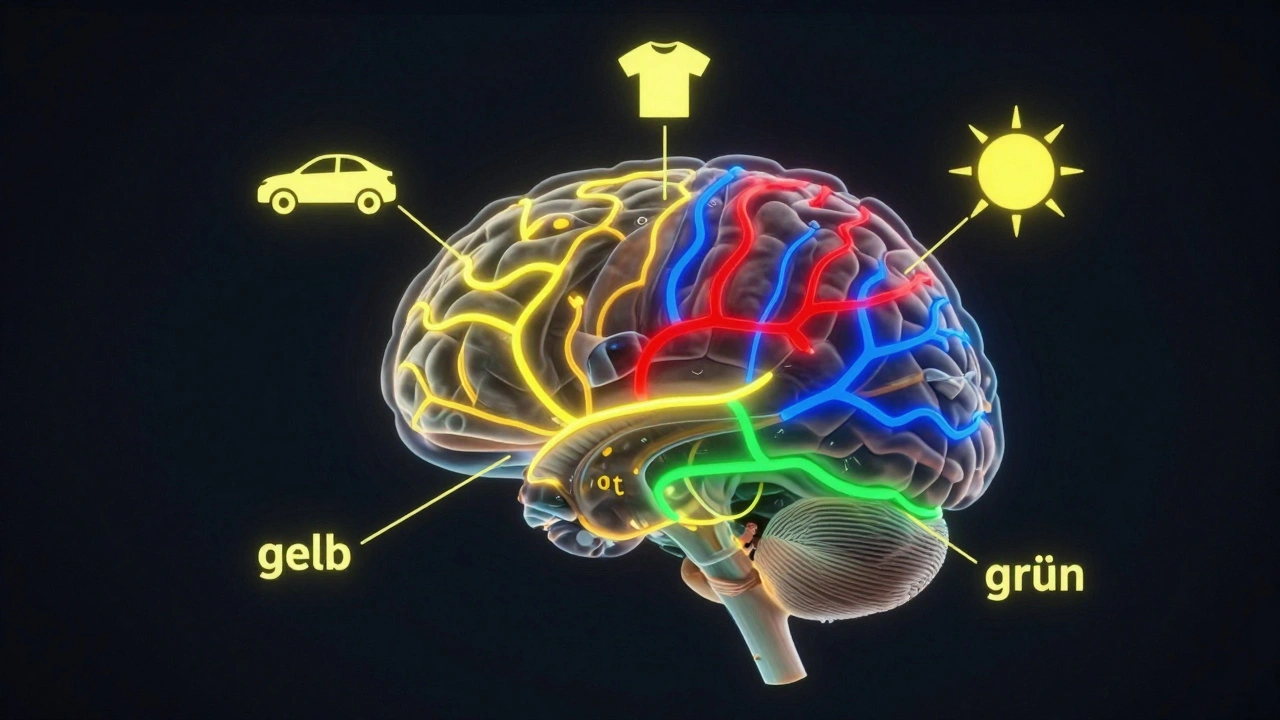 Lidský mozek s propojenými barvami a německými slovy v jeho neuronových cestách.
