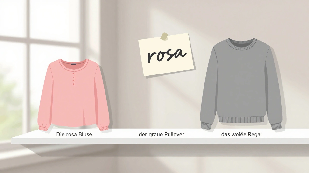 Minimální vnitřek německého bytu s růžovou blůzou, šedým svetrem a bílou police.