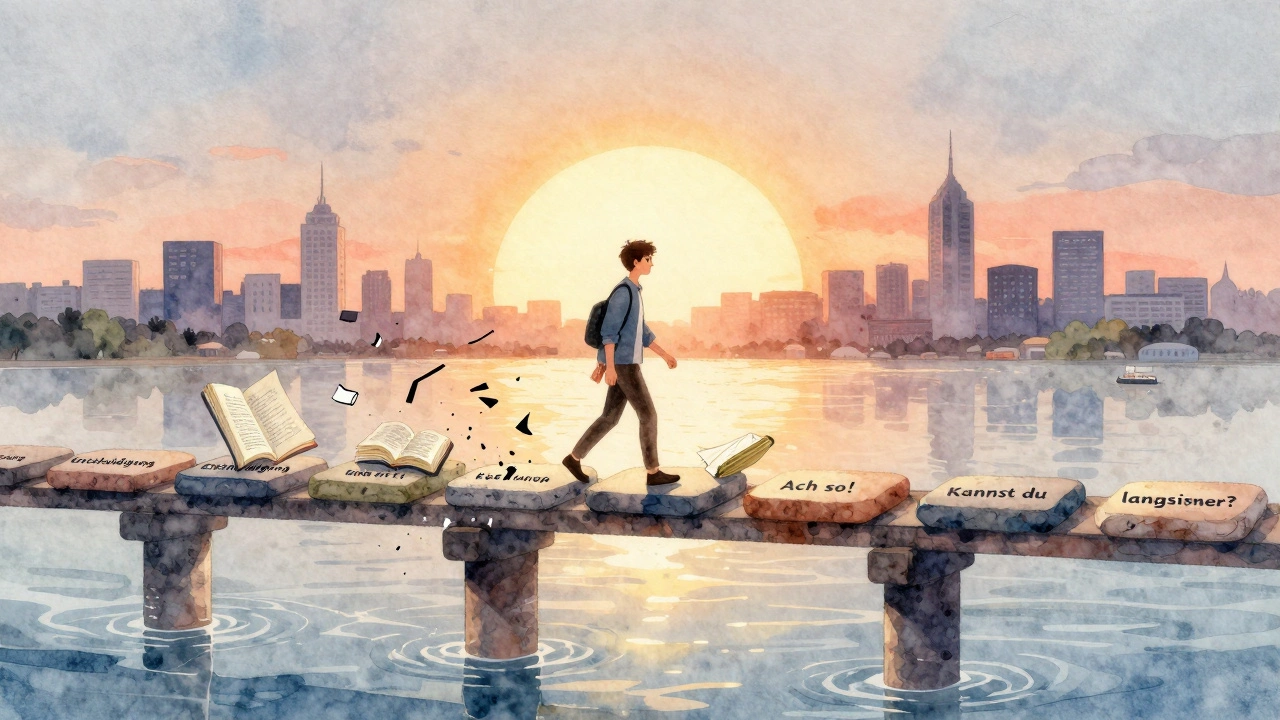 Most z kamenů s německými frázemi, po kterém člověk pokročil přes chyby k úspěchu.