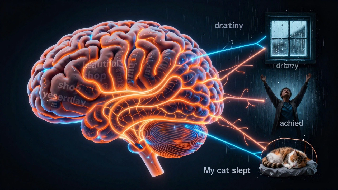 Mozek s osvětlenými nervovými spojeními, kde slova jsou propojena s konkrétními scénami.