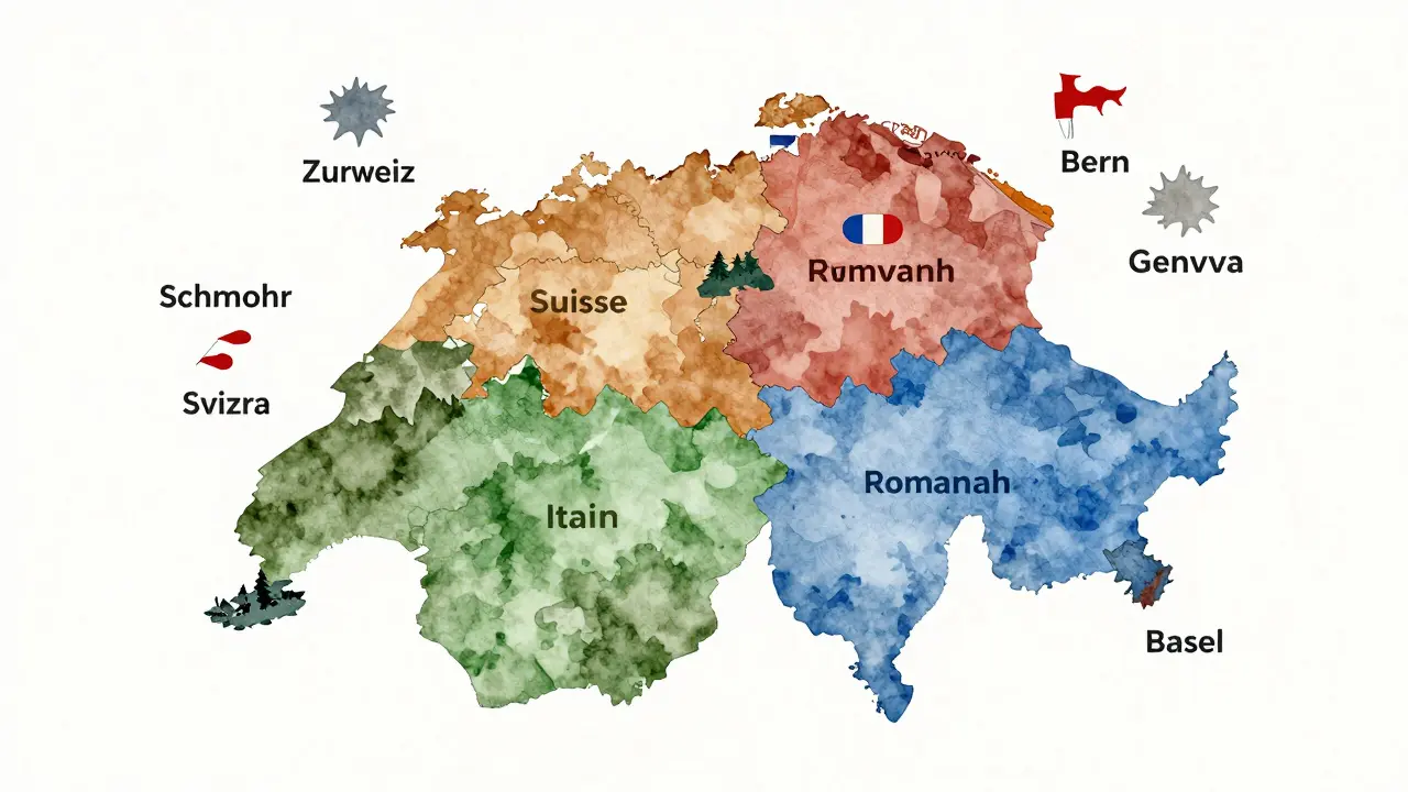 Multijazyčná mapa Švýcarska s názvy země ve čtyřech úředních jazycích.