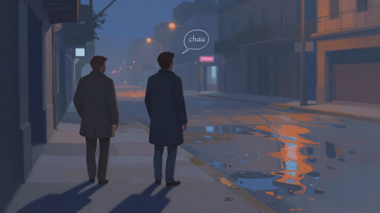 Muž se loučí s kolegou na ulici v Buenos Aires s &#039;chau&#039;.