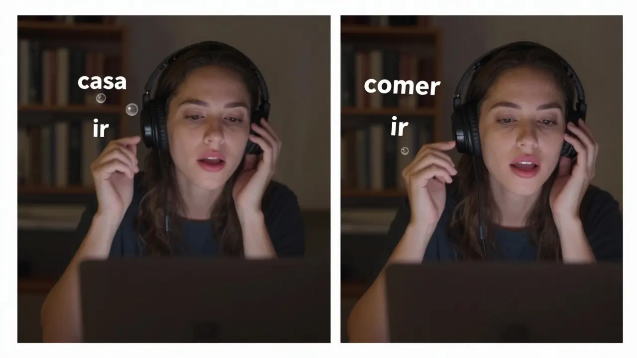 Osoba poslouchá španělský výukový kanál na laptopu a opakuje věty nahlas.