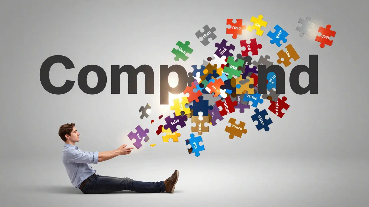 Osoba rozkládá dlouhé německé slovo na barevné kousky jako skládačku