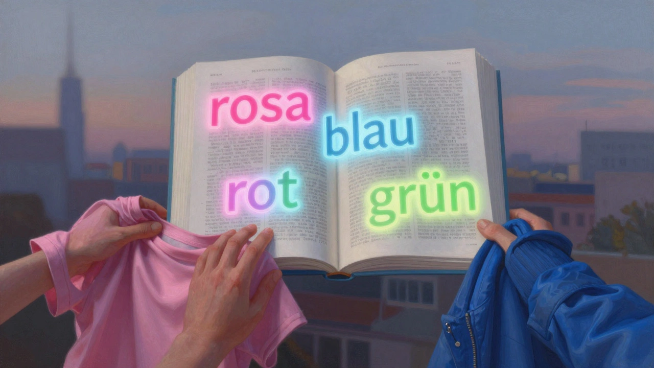 Představivý obrázek plavajících německých barev s růžovým tričkem a modrým kabátem.