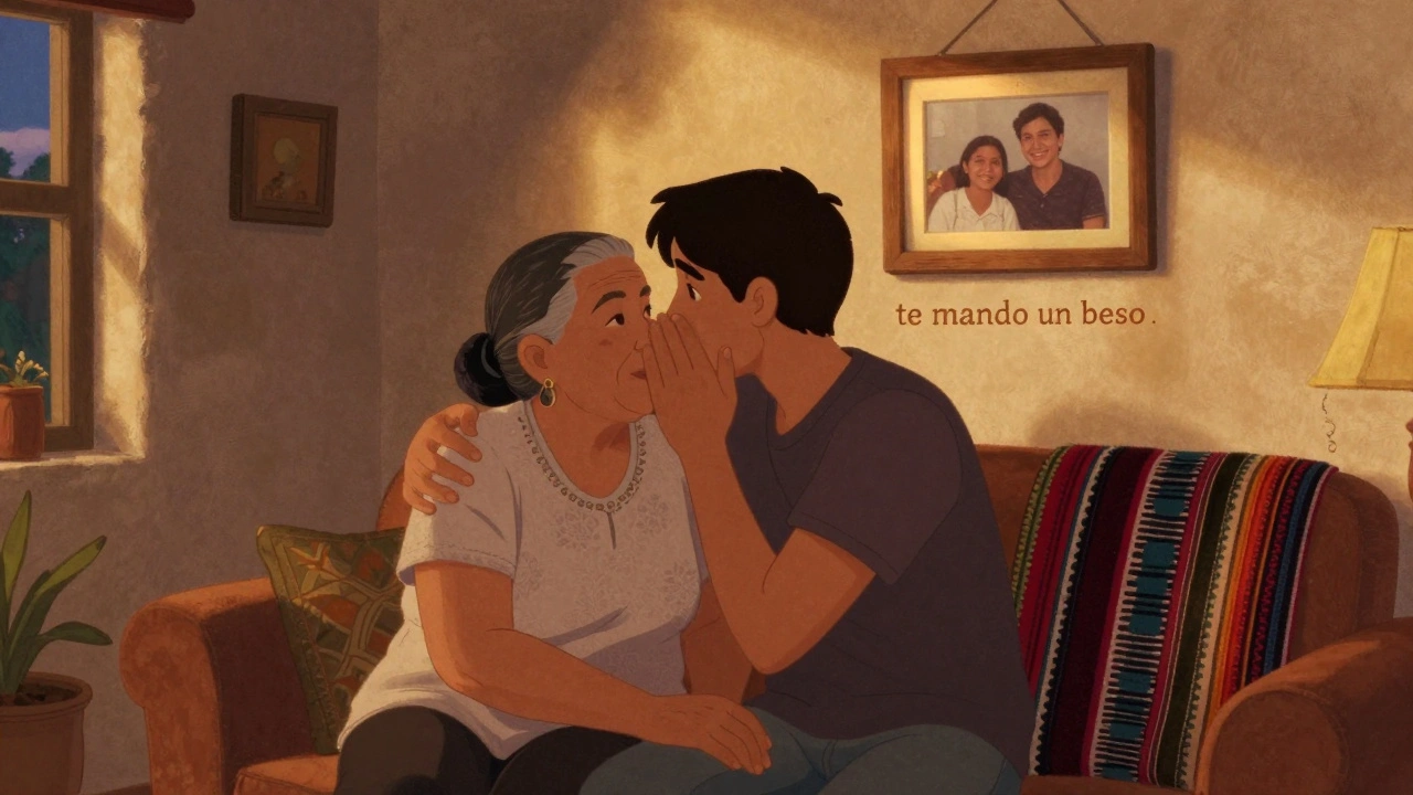 Rodina se loučí v domácím prostředí, babička posílá polibek.