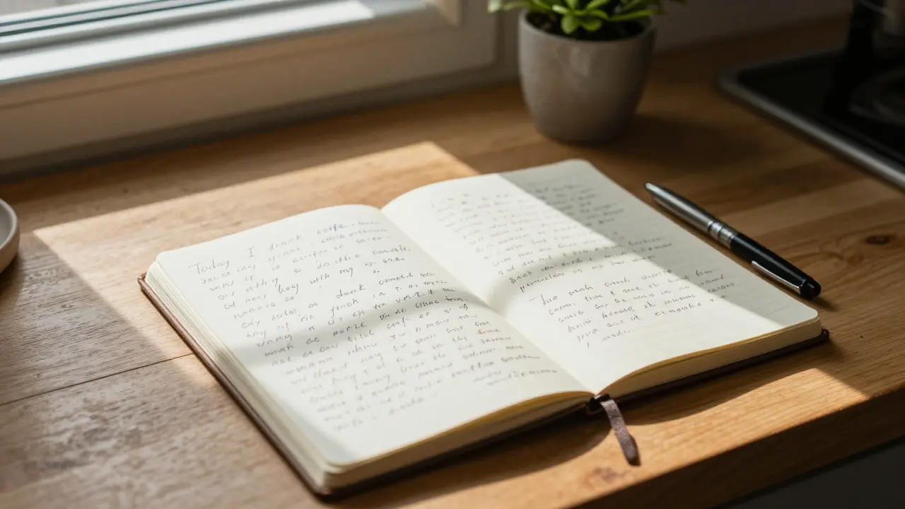 Rukou psané věty v angličtině v sešitu na kuchyňském stole.