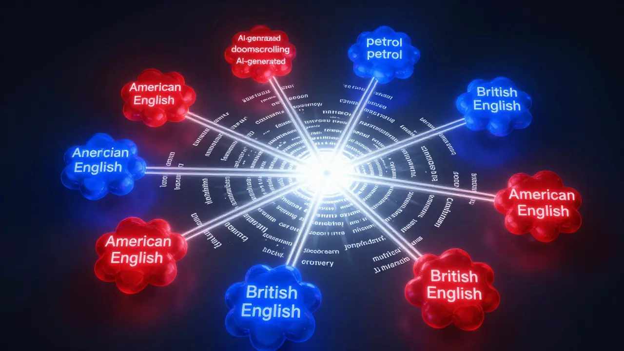 Síť slov s červenými a modrými uzly reprezentujícími americkou a britskou angličtinu.