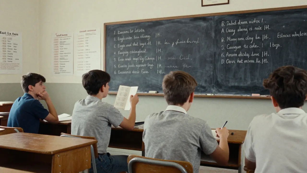 Stará česká třída s tabulí plnou gramatiky a unavenými žáky.