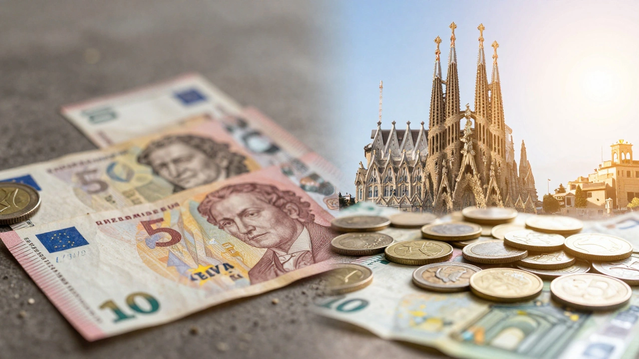 Staré španělské pesety se mění v prachu, zatímco moderní eura září na pozadí slavných španělských památek.