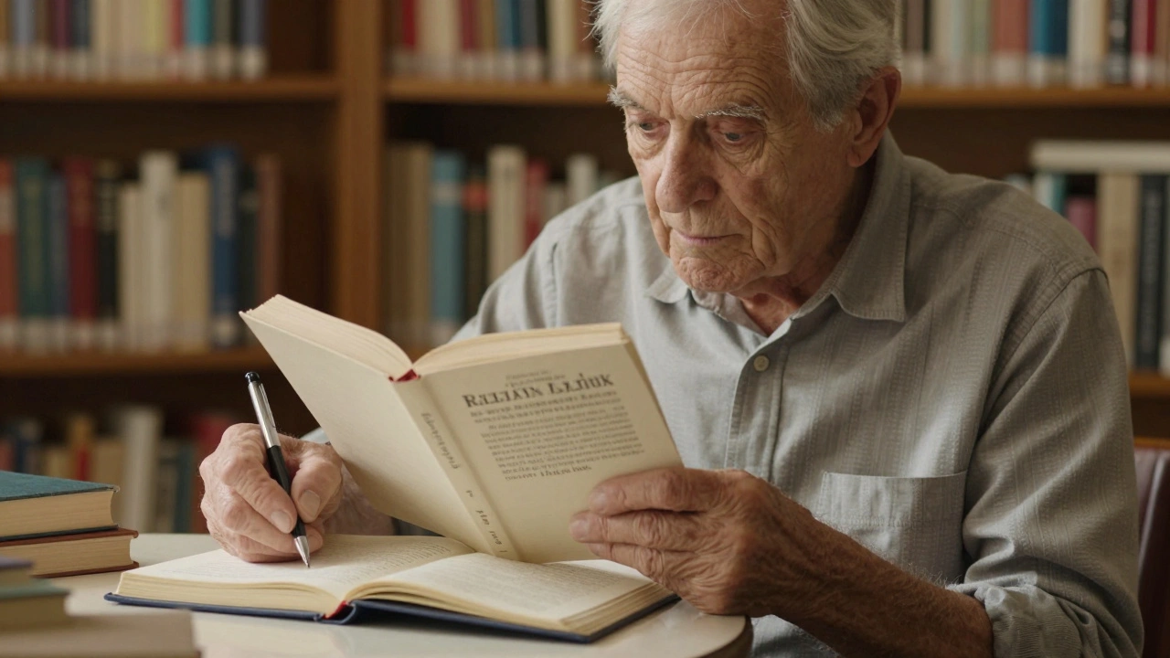 Starší muž čte cizí jazyk v knihovně a zapisuje si nové fráze.