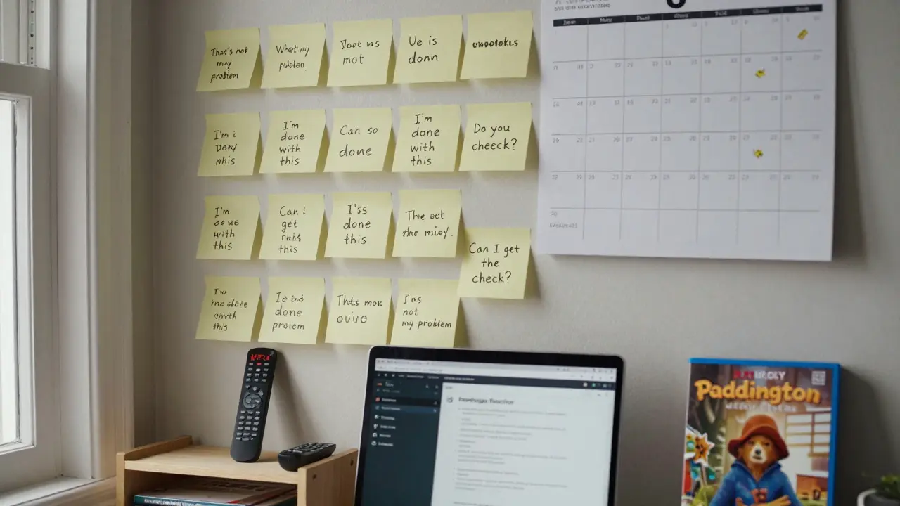 Stěna pokrytá poznámkami s frázemi z filmů a kalendářem s denními značkami.