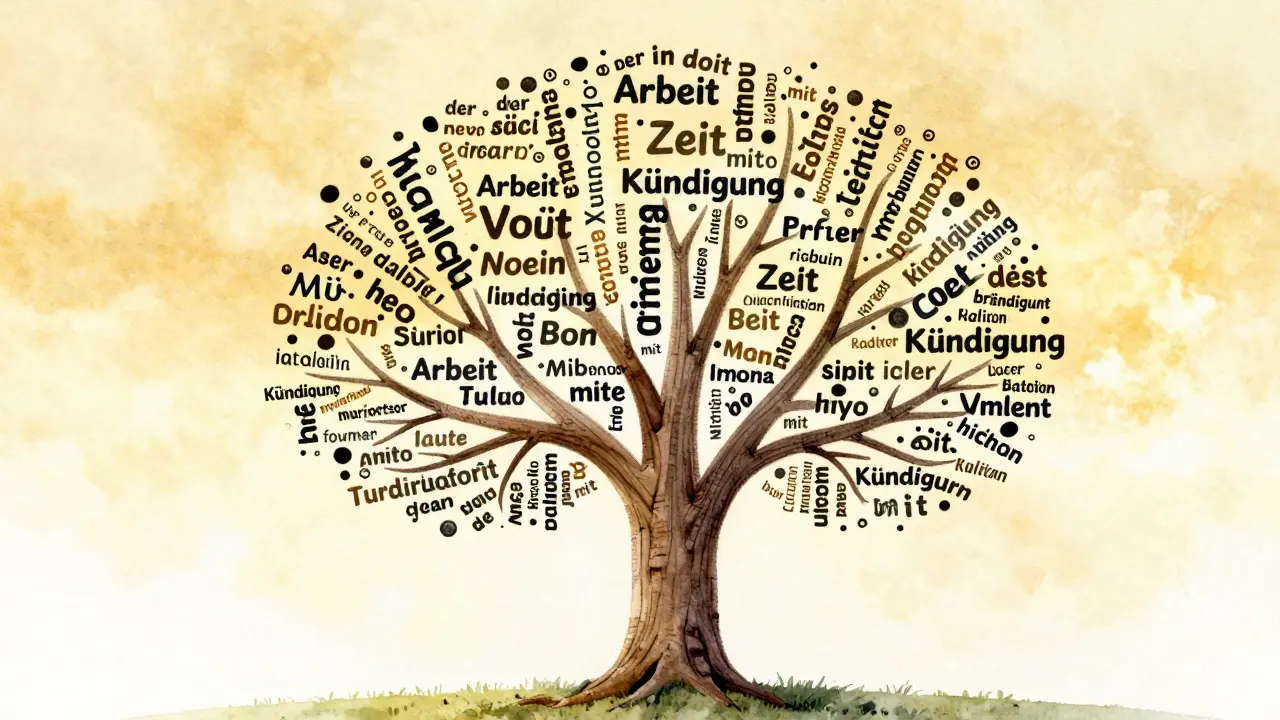 Strom slov s krátkými větvemi dole a dlouhými složenými slovy nahoře