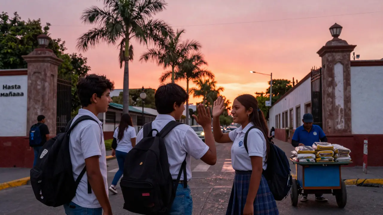 Student se rozloučí se spolužákem před školou v Mexiku při západu slunce.