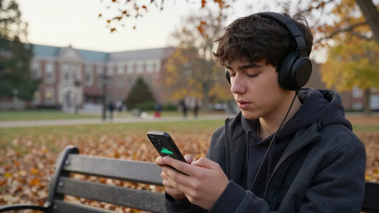 Student si nahrává řeč na parkové lavičce, připravuje se na státnice.